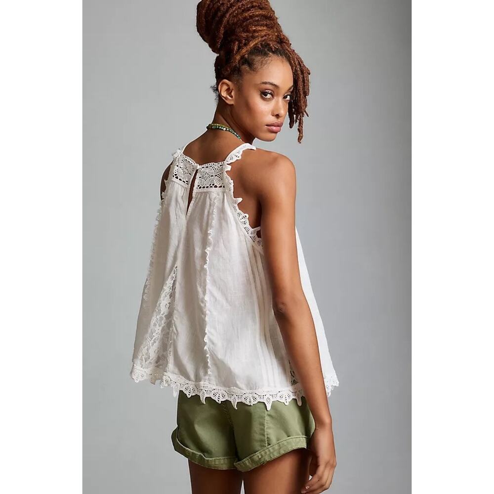 Anthropologie White Lace-Trim Sleeveless Halter Top - Picture 2 of 4